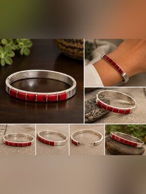 925 Sterling Silver Red Jasper Bracelet | Vintage Mexico Hinged Cuff Bangle